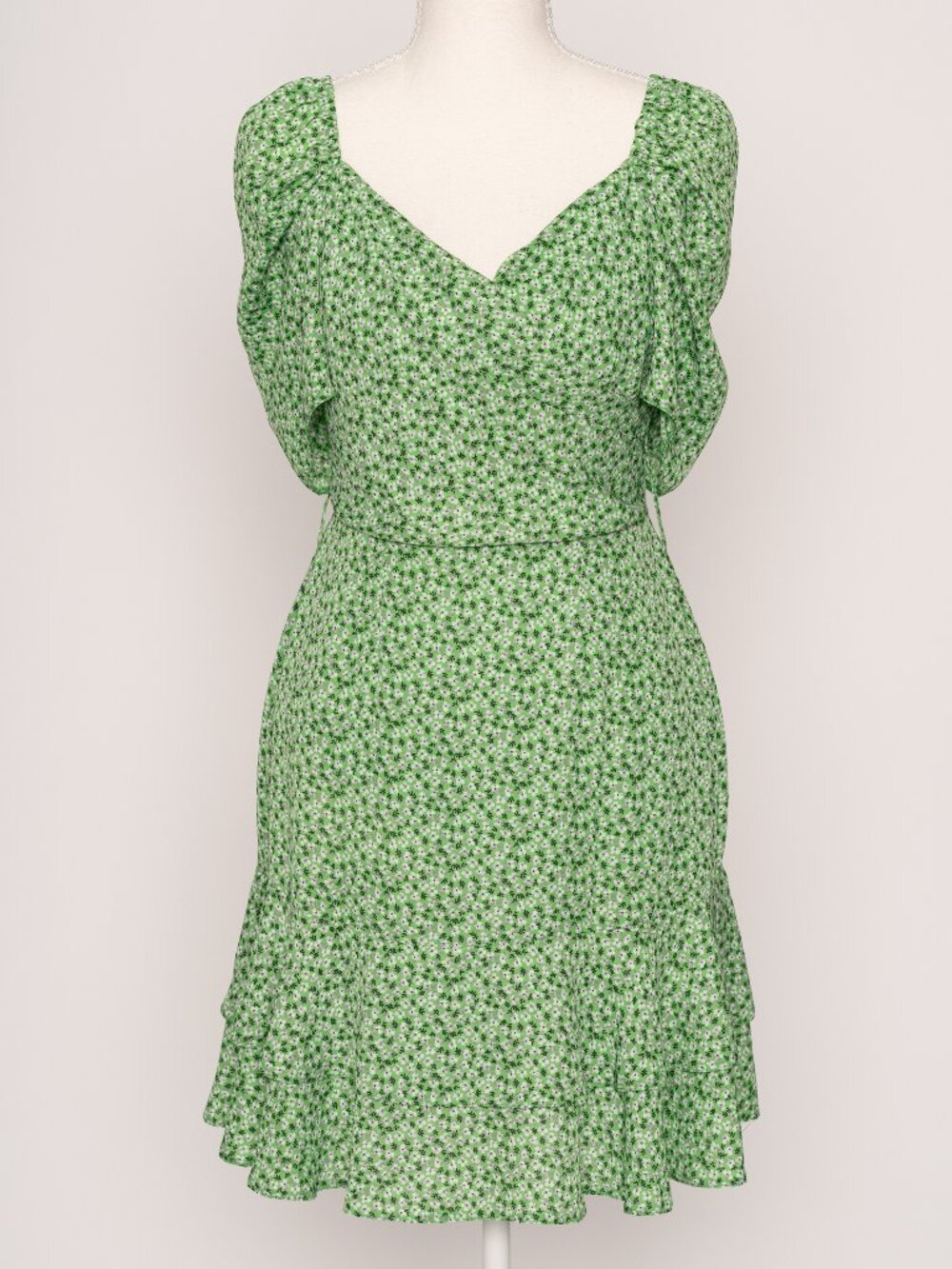 ASOS Mini Wrap Dress Green Ditsy Floral Print Ruffle Hem US 4 Cottagecore Brunch